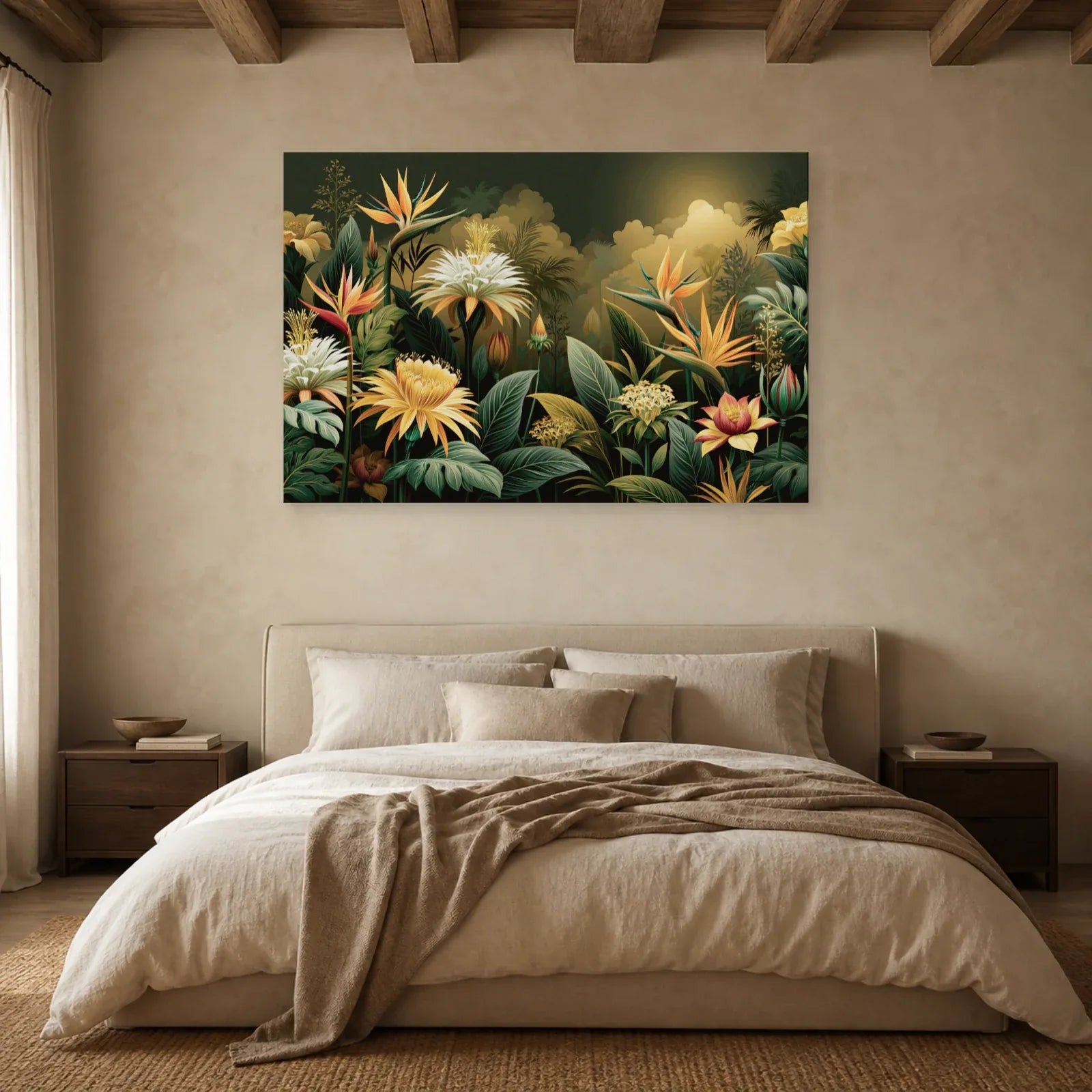 Tableau Jungle Art Naïf Fleurs Géantes dans une chambre apaisante