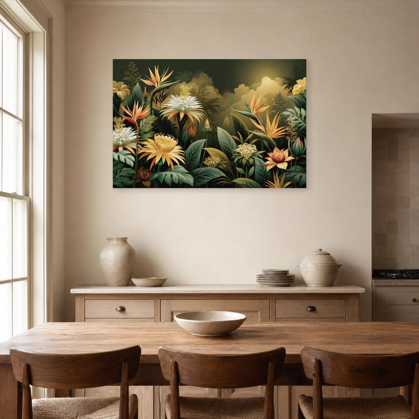 Tableau Jungle Art Naïf Fleurs Géantes dans une salle a manger lumineuse