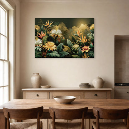 Tableau Jungle Art Naïf Fleurs Géantes dans une salle a manger lumineuse