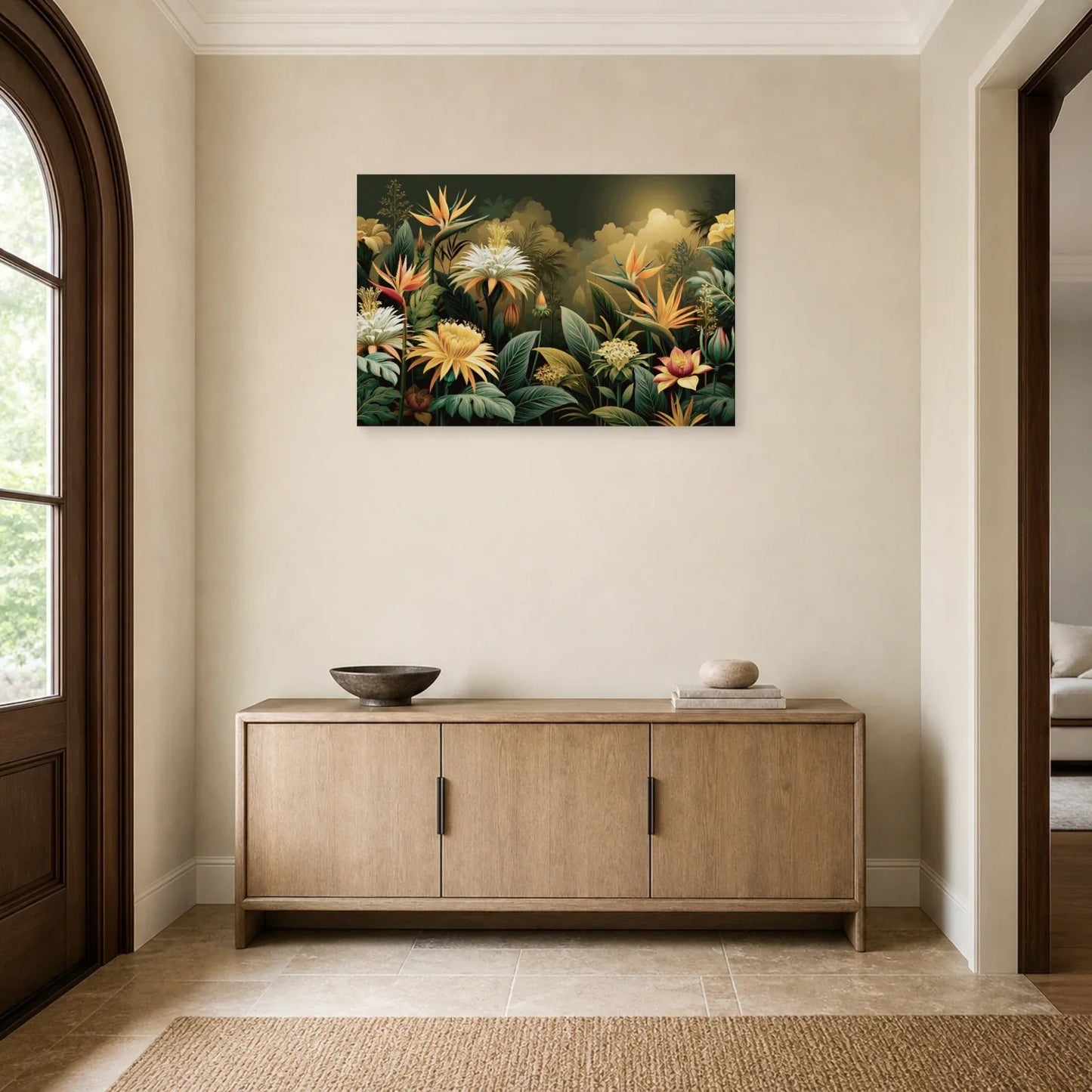 Tableau Jungle Art Naïf Fleurs Géantes dans une entree ou un couloir decore