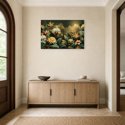 Tableau Jungle Art Naïf Fleurs Géantes dans une entree ou un couloir decore