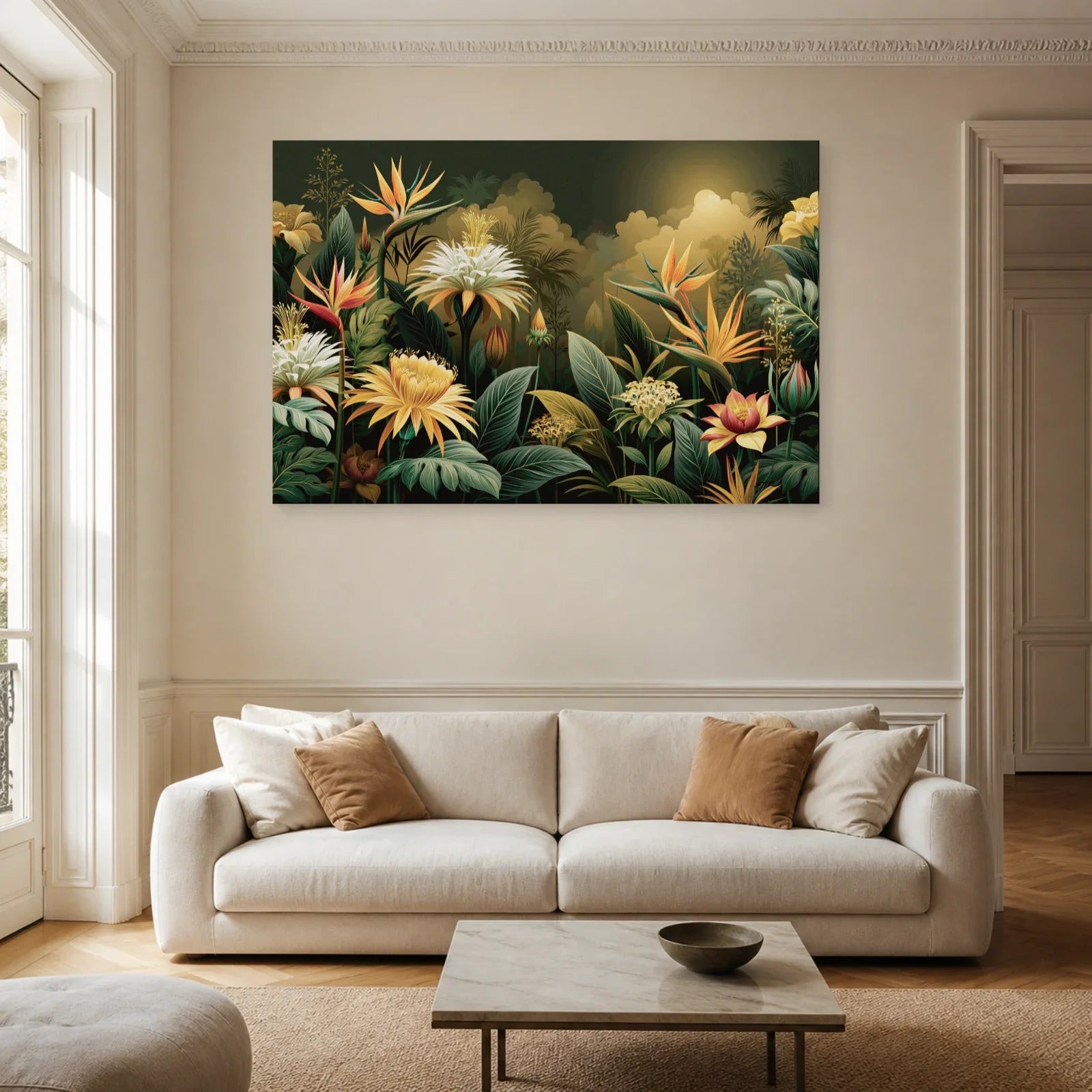 Tableau Jungle Art Naïf Fleurs Géantes dans un salon contemporain