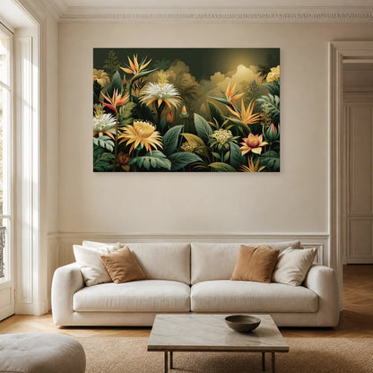 Tableau Jungle Art Naïf Fleurs Géantes dans un salon contemporain