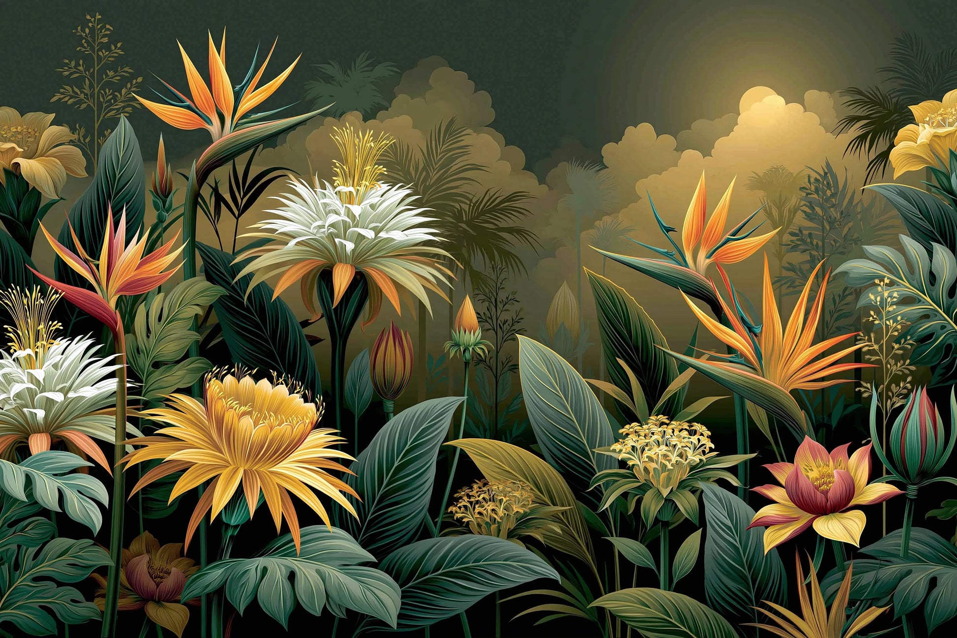 Tableau Jungle Art Naïf Fleurs Géantes - grandes fleurs tropicales lumineuses en style naif - format S