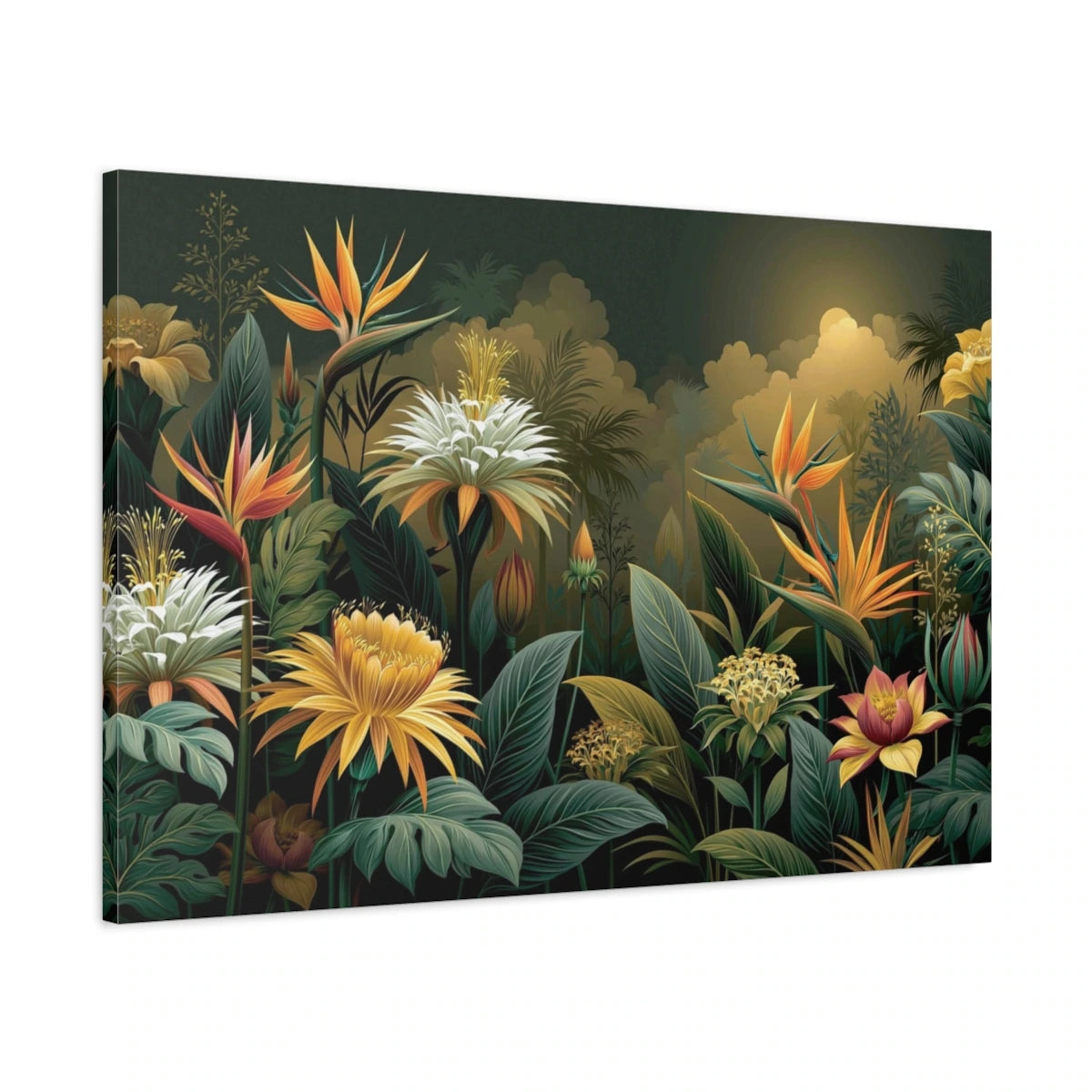 Tableau Jungle Art Naïf Fleurs Géantes - toile 3D avec bords imprimes visibles