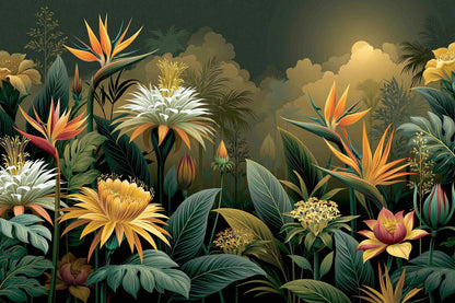 Tableau Jungle Art Naïf Fleurs Géantes - grandes fleurs tropicales lumineuses en style naif - grand format XXL