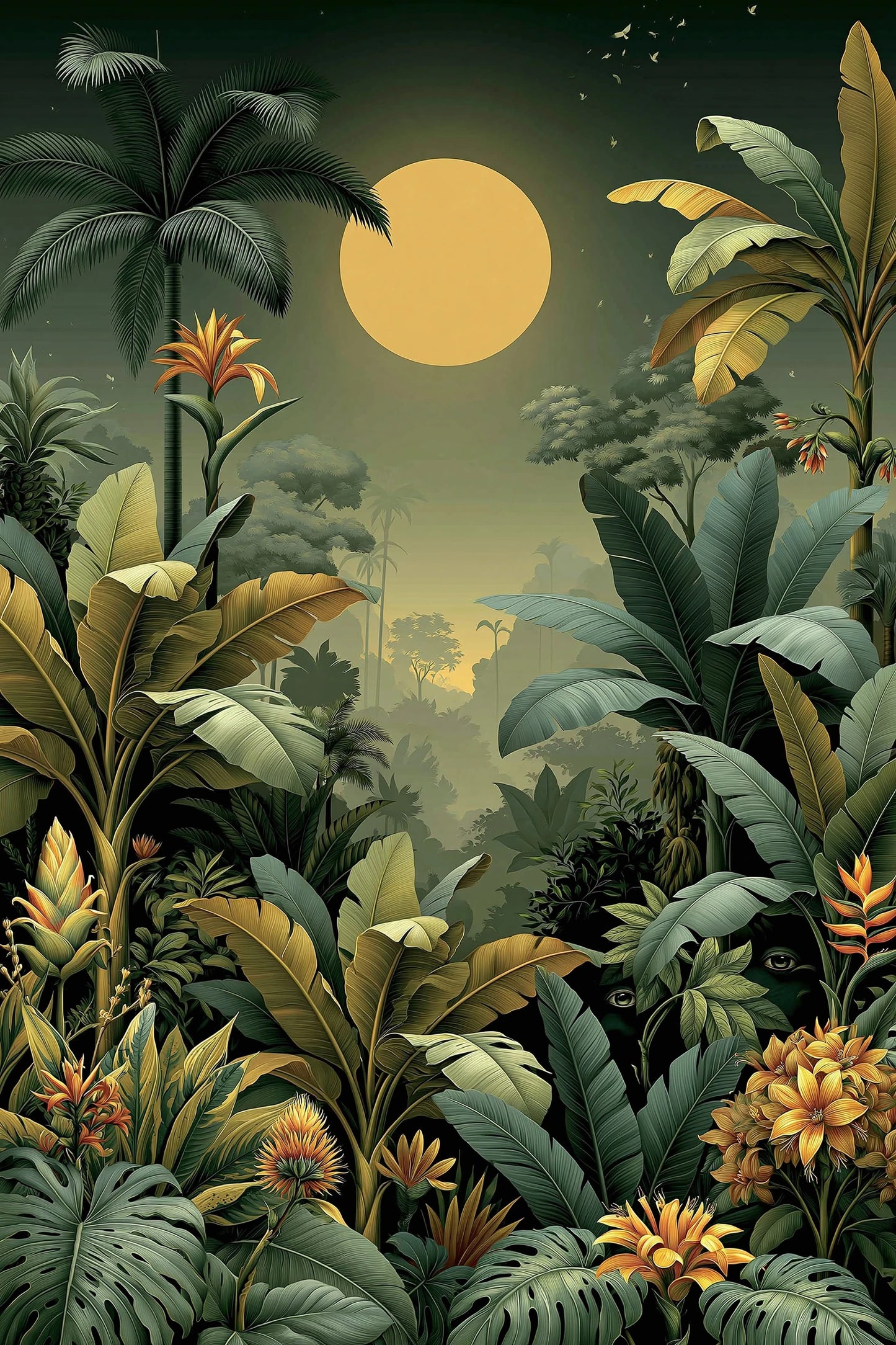 Tableau Jungle Art Naïf Lune Verte - jungle nocturne naive eclairee par une lune verte - format M
