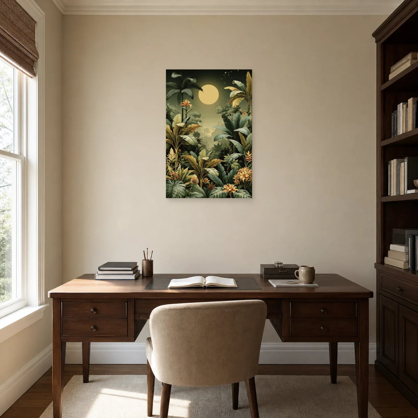 Tableau Jungle Art Naïf Lune Verte dans un bureau elegant