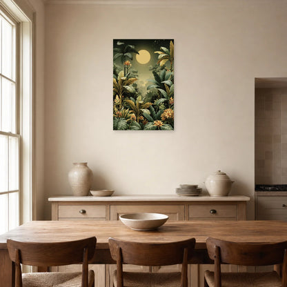 Tableau Jungle Art Naïf Lune Verte dans une salle a manger lumineuse