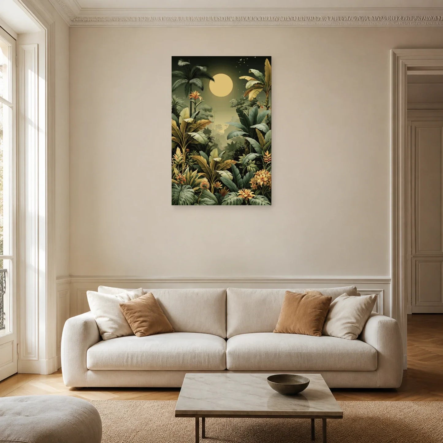 Tableau Jungle Art Naïf Lune Verte dans un salon contemporain