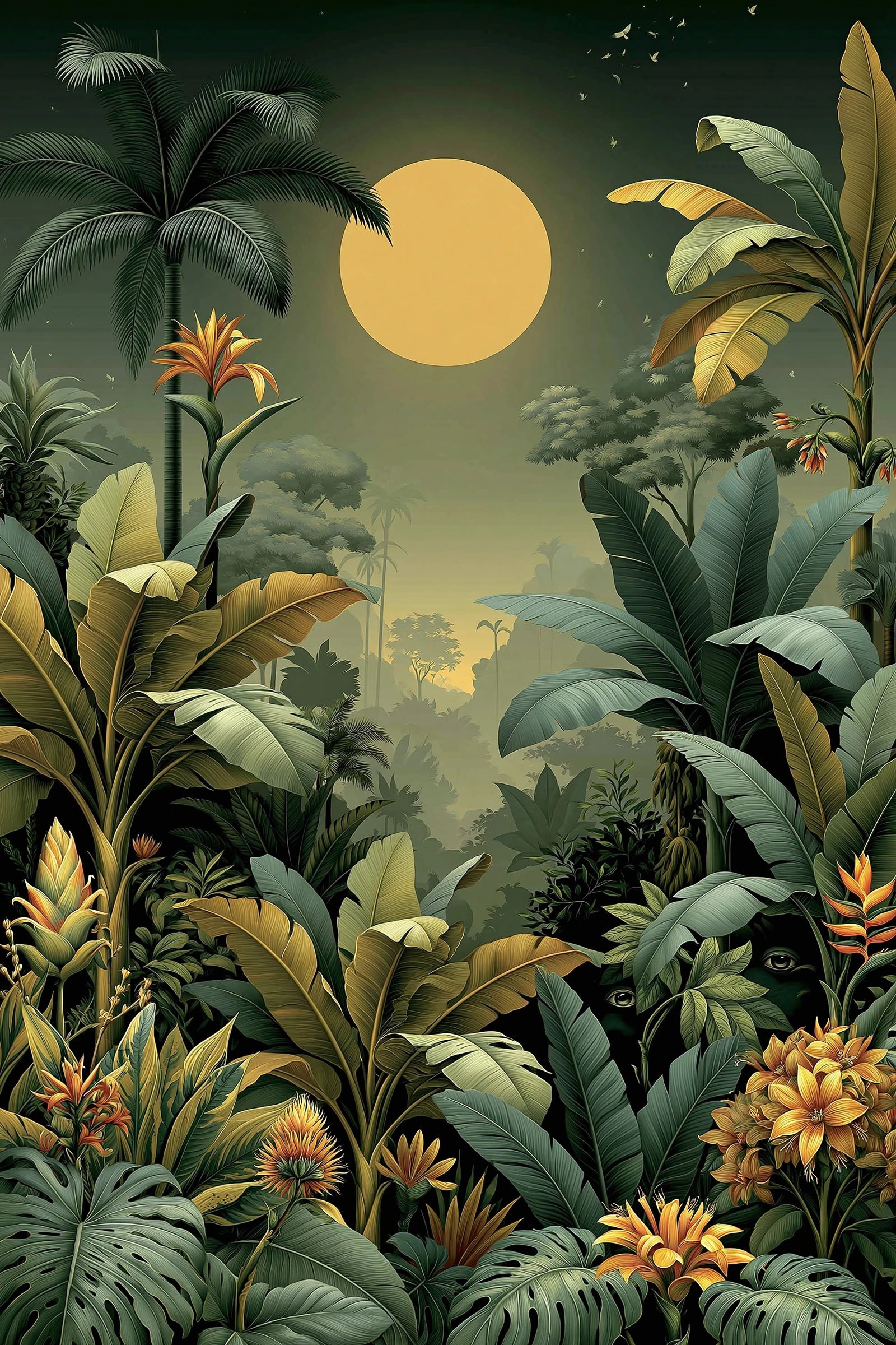 Tableau Jungle Art Naïf Lune Verte - jungle nocturne naive eclairee par une lune verte - format S