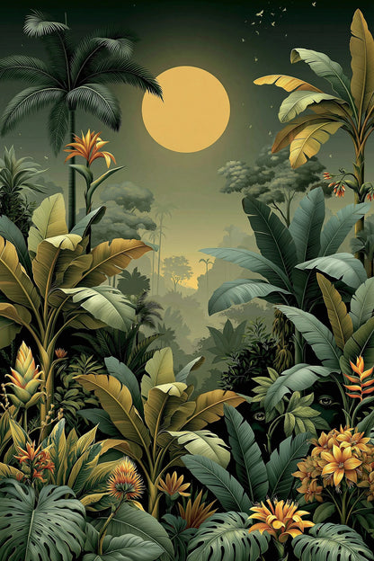 Tableau Jungle Art Naïf Lune Verte - jungle nocturne naive eclairee par une lune verte - grand format XXL