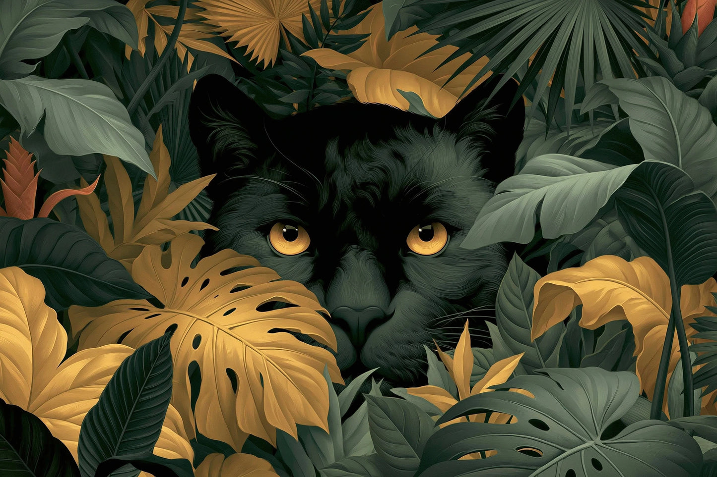 Tableau Jungle Art Naïf Panthère Cachée - panthere cachee entre grandes feuilles vertes et ocres - format L