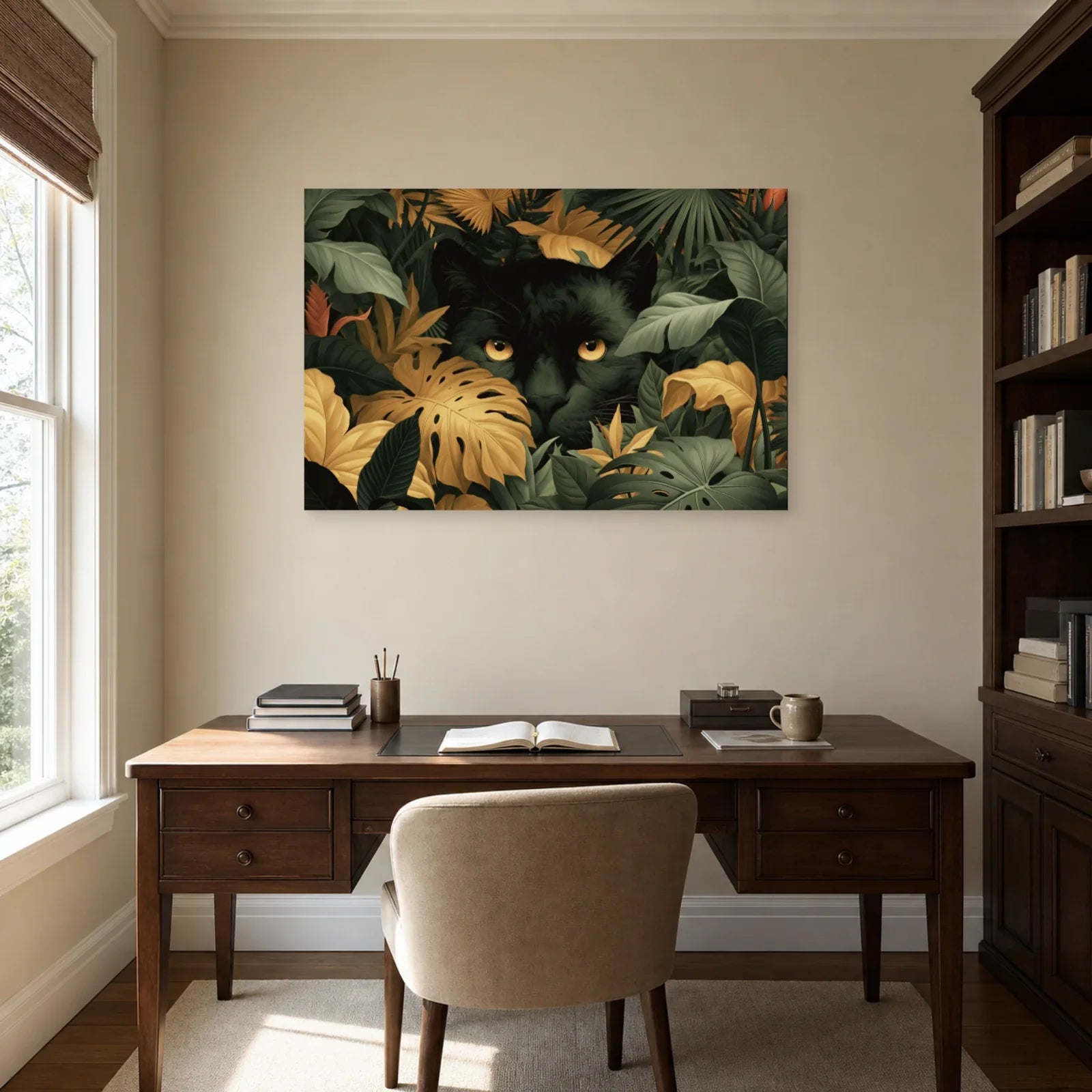 Tableau Jungle Art Naïf Panthère Cachée dans un bureau elegant