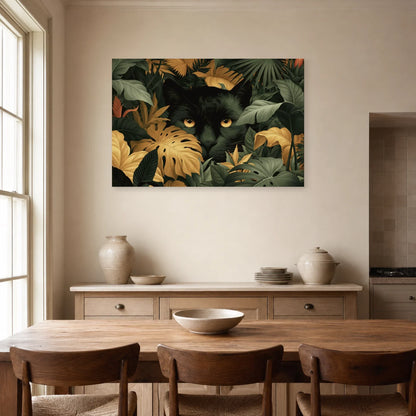 Tableau Jungle Art Naïf Panthère Cachée dans une salle a manger lumineuse