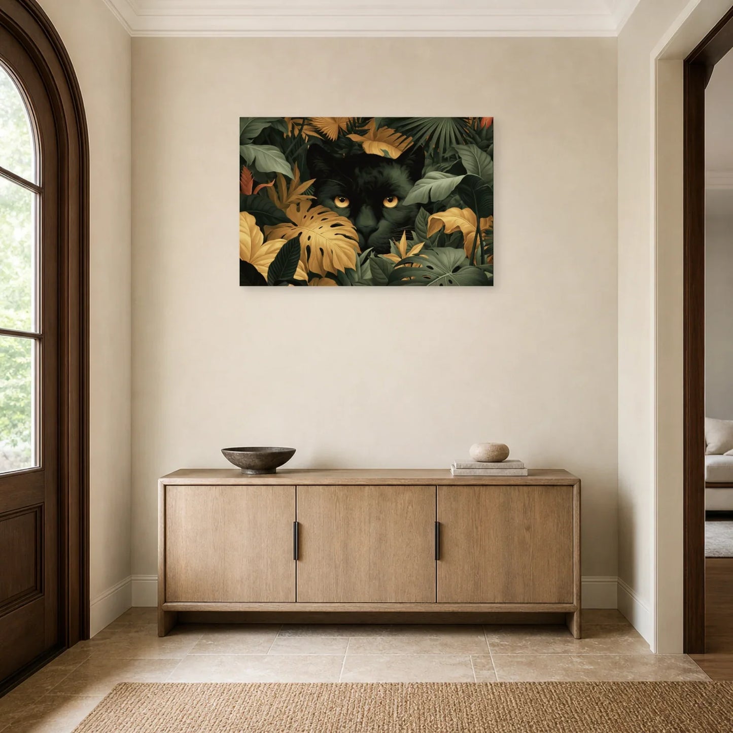 Tableau Jungle Art Naïf Panthère Cachée dans une entree ou un couloir decore