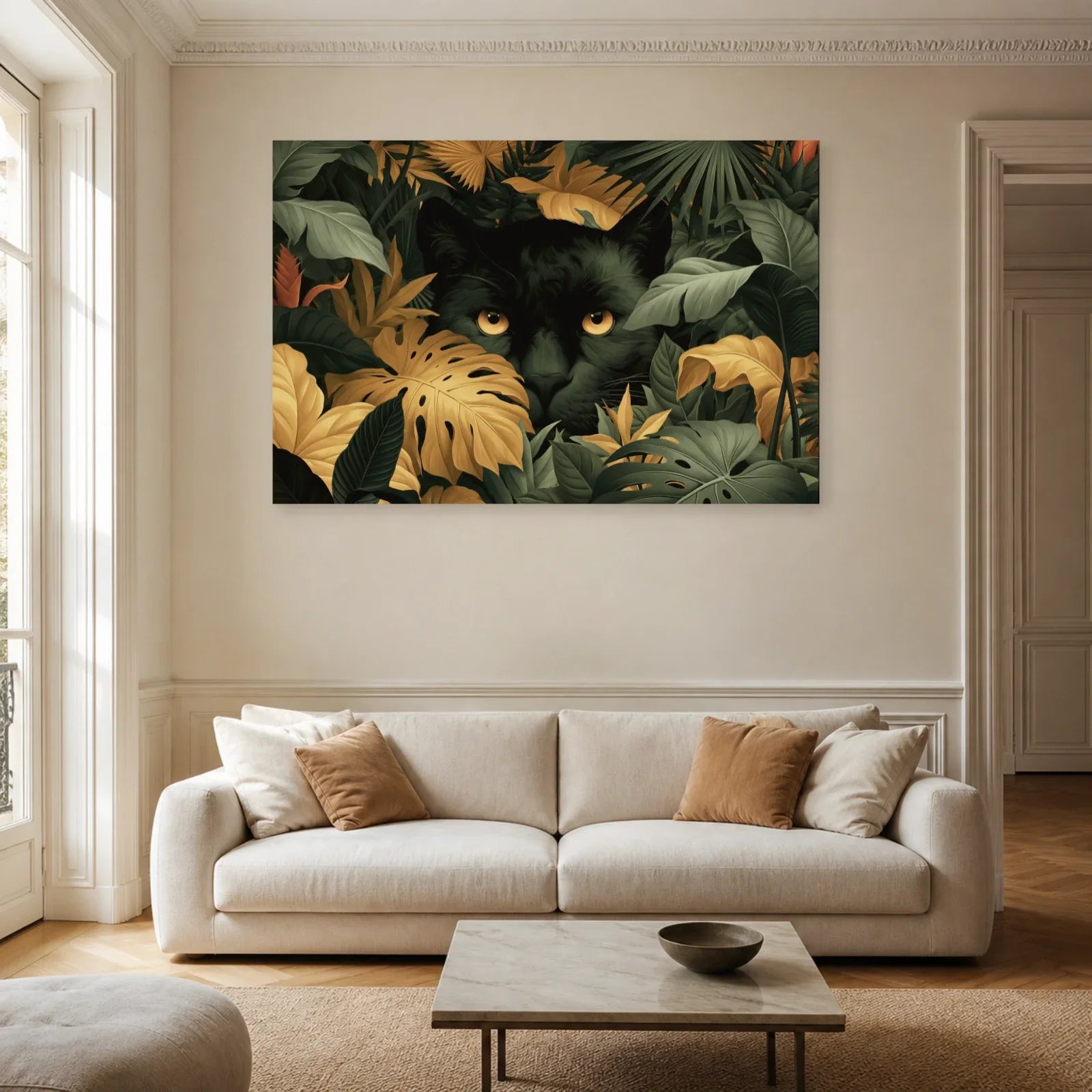 Tableau Jungle Art Naïf Panthère Cachée dans un salon contemporain