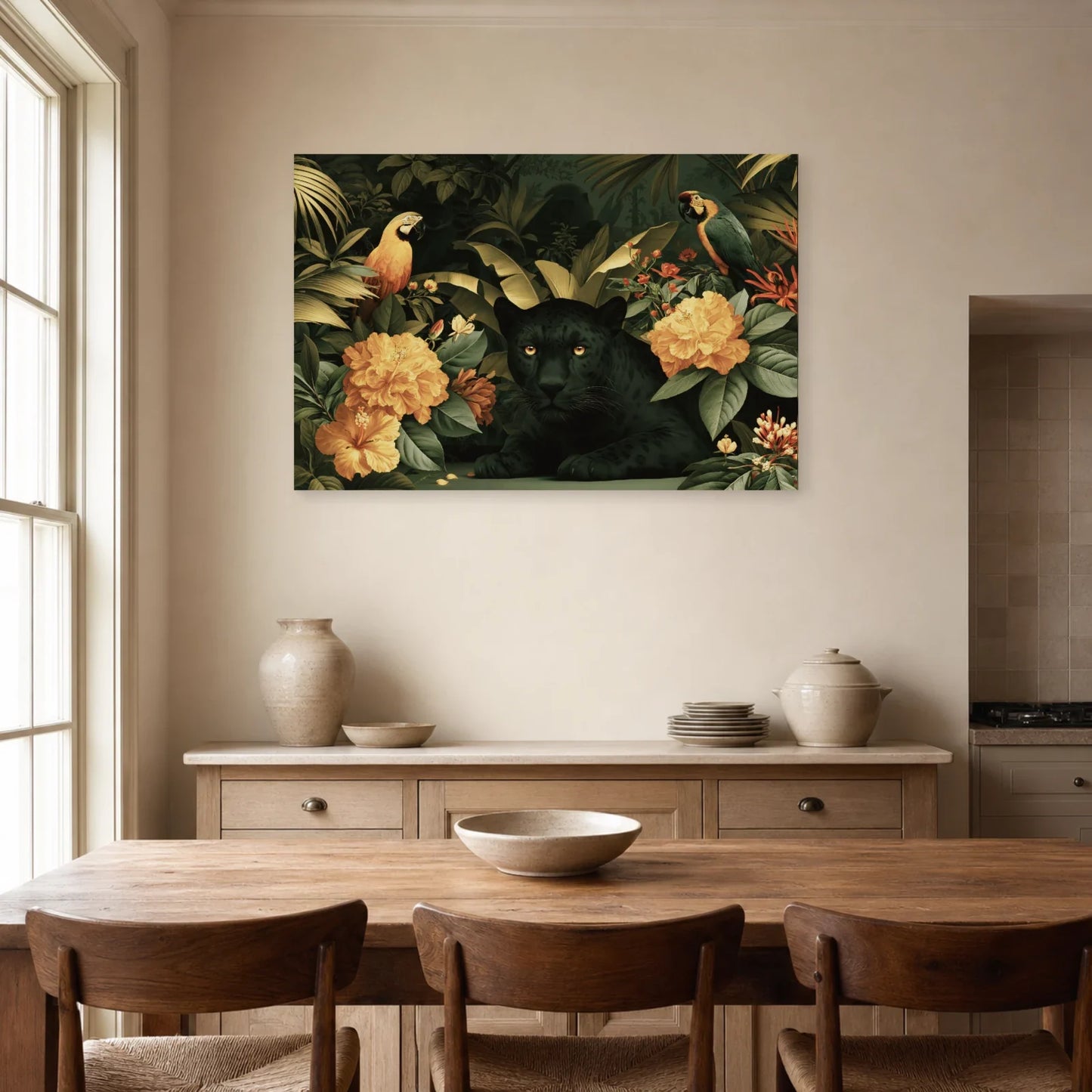 Tableau Jungle Chambre Moderne Feuillage dans une salle a manger lumineuse