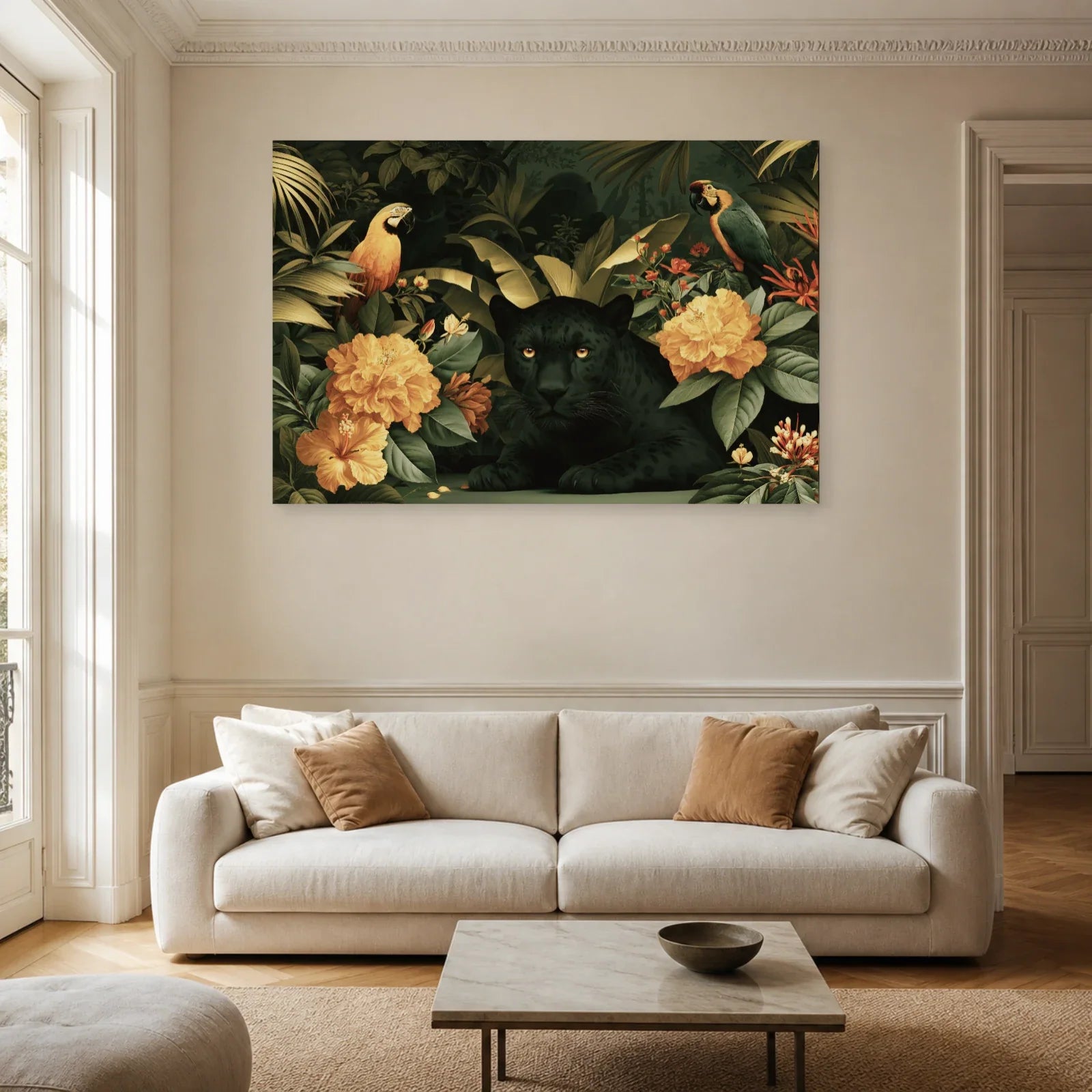 Tableau Jungle Chambre Moderne Feuillage dans un salon contemporain
