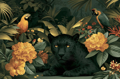 Tableau Jungle Chambre Moderne Feuillage - feuillage tropical sombre avec panthere, oiseaux et fleurs jaunes - grand format XXL