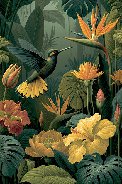 Tableau Jungle Colibri Fleurs Tropicales - colibri entoure de fleurs tropicales et grandes feuilles - format L