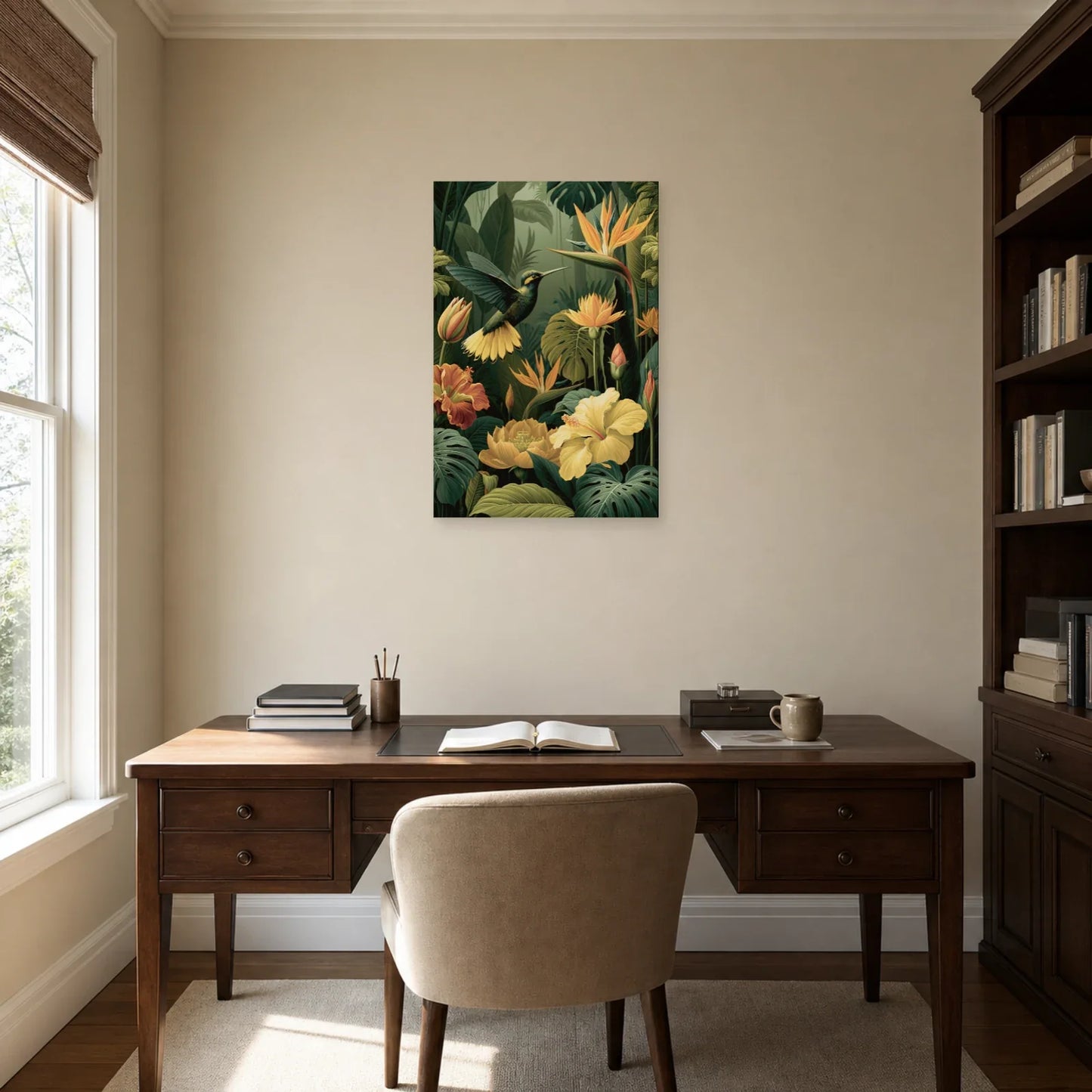Tableau Jungle Colibri Fleurs Tropicales dans un bureau elegant