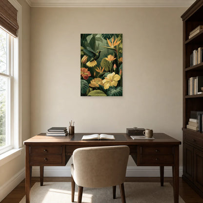 Tableau Jungle Colibri Fleurs Tropicales dans un bureau elegant