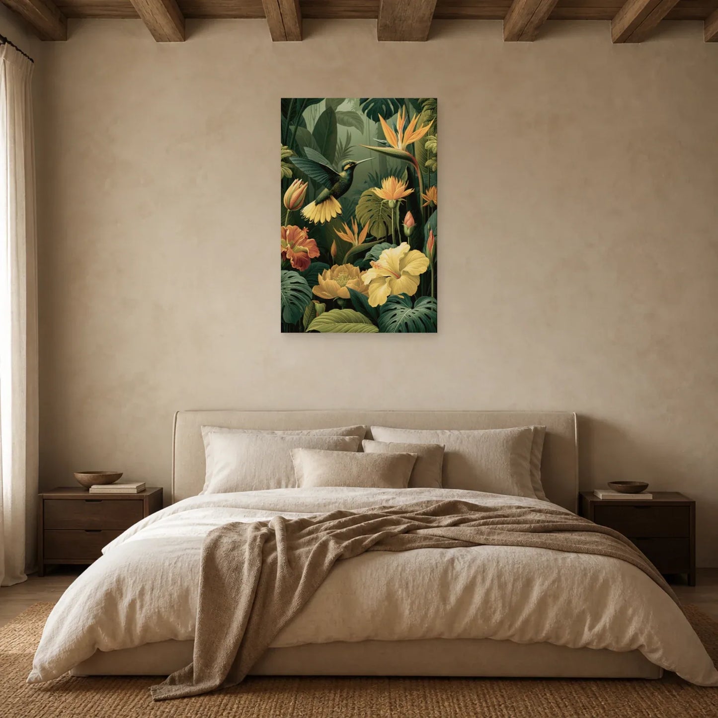 Tableau Jungle Colibri Fleurs Tropicales dans une chambre apaisante