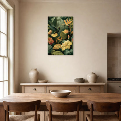 Tableau Jungle Colibri Fleurs Tropicales dans une salle a manger lumineuse