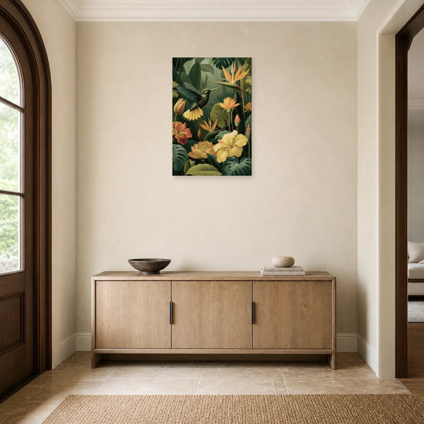 Tableau Jungle Colibri Fleurs Tropicales dans une entree ou un couloir decore