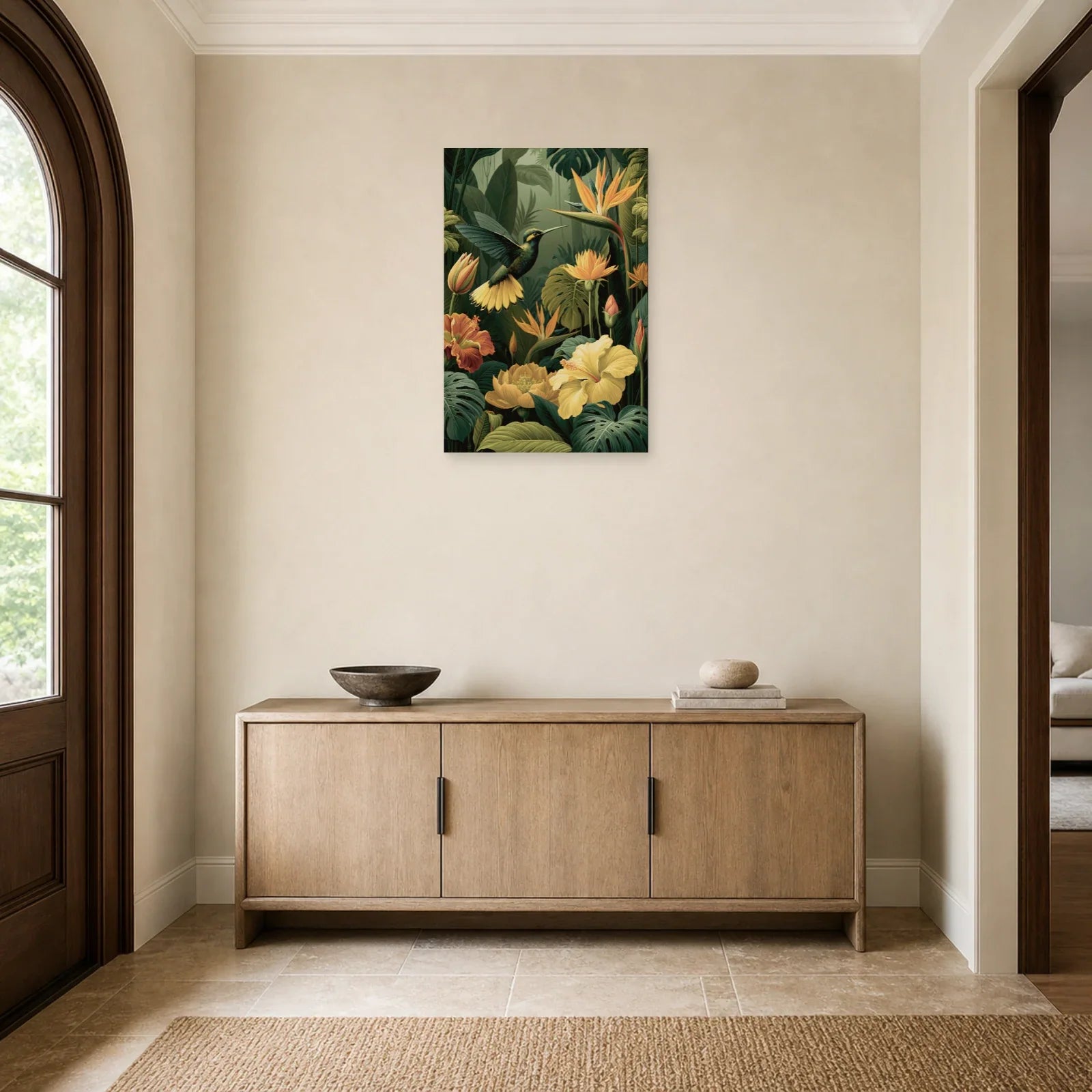Tableau Jungle Colibri Fleurs Tropicales dans une entree ou un couloir decore