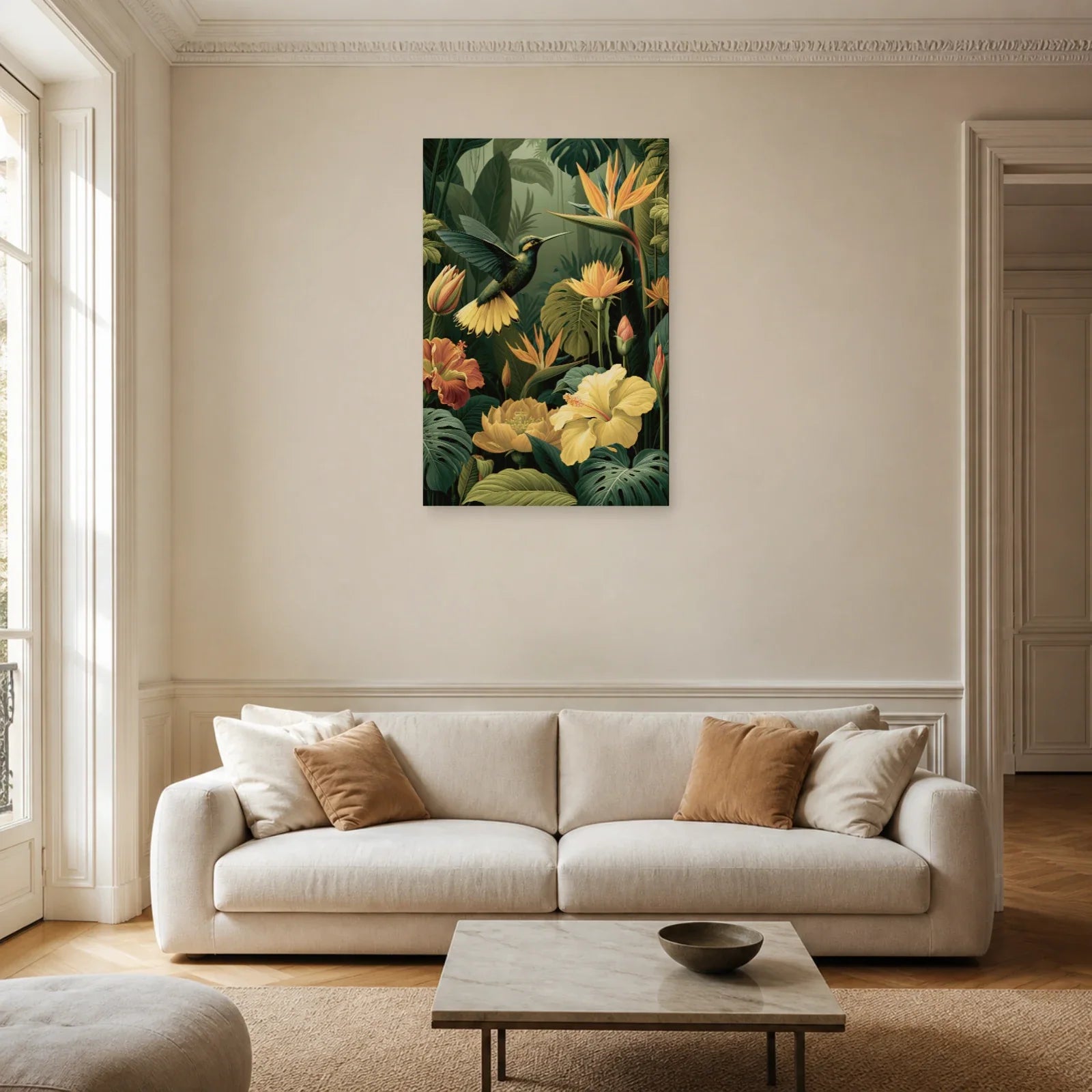 Tableau Jungle Colibri Fleurs Tropicales dans un salon contemporain