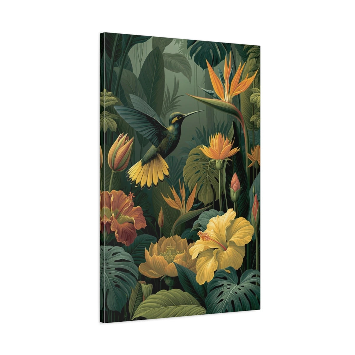 Tableau Jungle Colibri Fleurs Tropicales - toile 3D avec bords imprimes visibles
