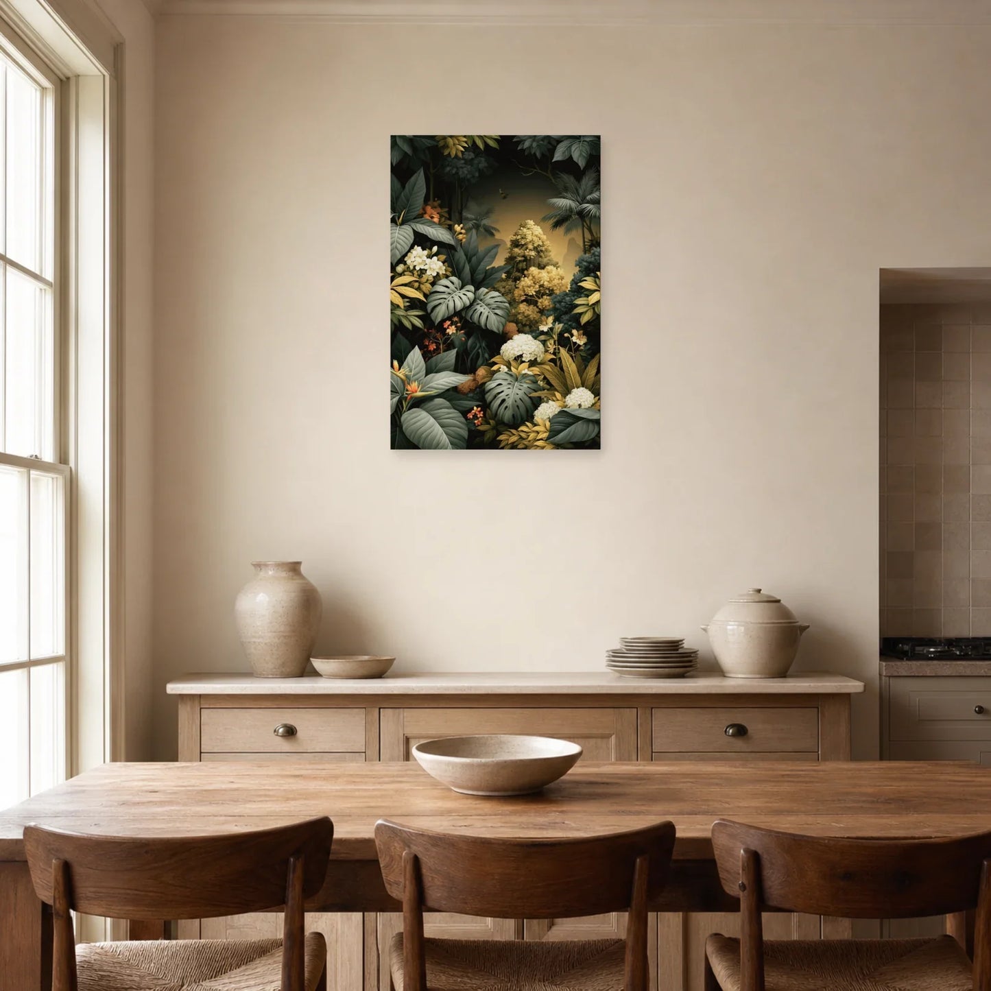 Tableau Jungle Feuillage Graphique dans une salle a manger lumineuse