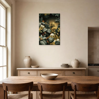 Tableau Jungle Feuillage Graphique dans une salle a manger lumineuse