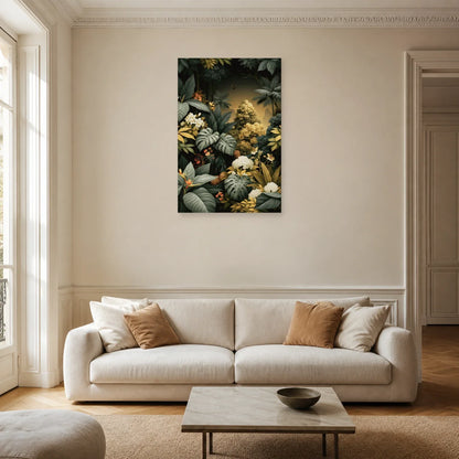 Tableau Jungle Feuillage Graphique dans un salon contemporain