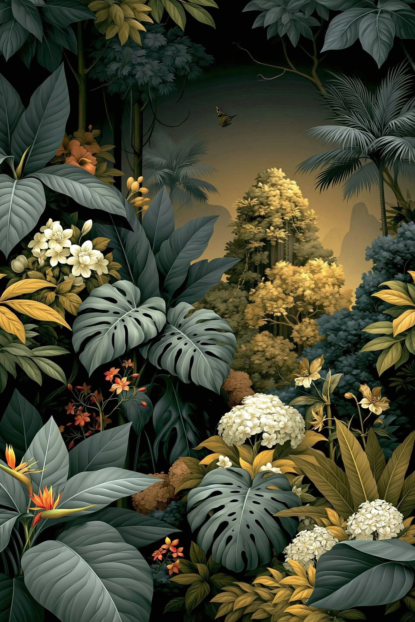Tableau Jungle Feuillage Graphique - feuillage jungle graphique avec fleurs claires - format XL