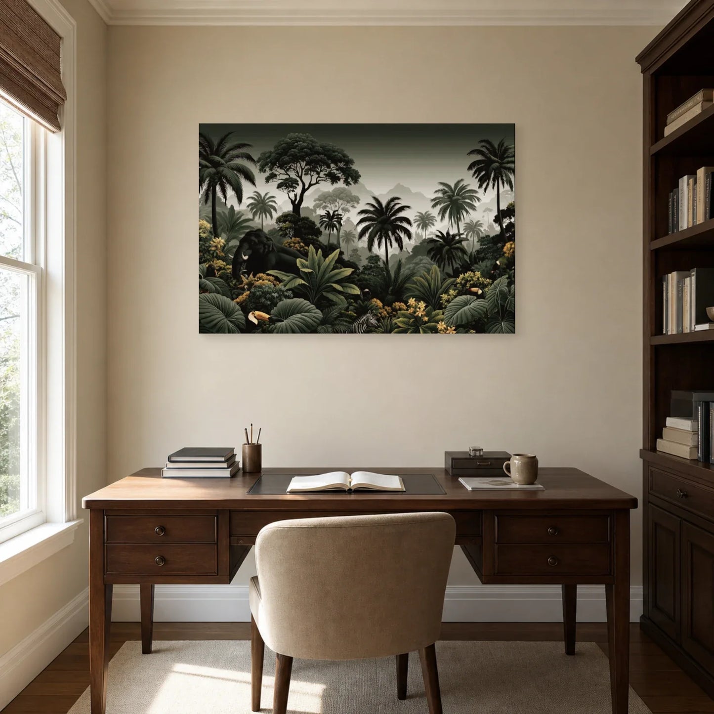 Tableau Jungle Noir et Blanc Animaux dans un bureau elegant