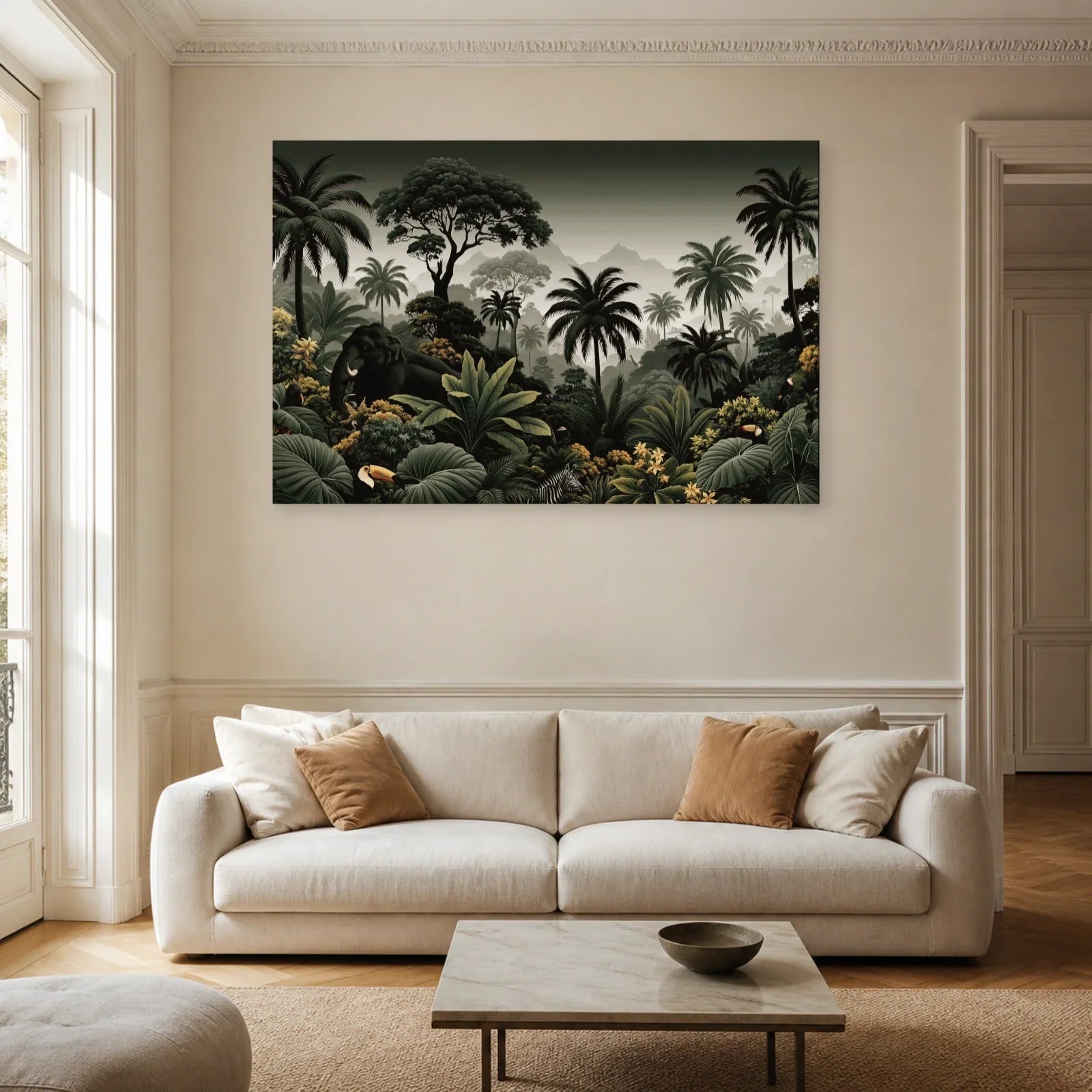 Tableau Jungle Noir et Blanc Animaux dans un salon contemporain