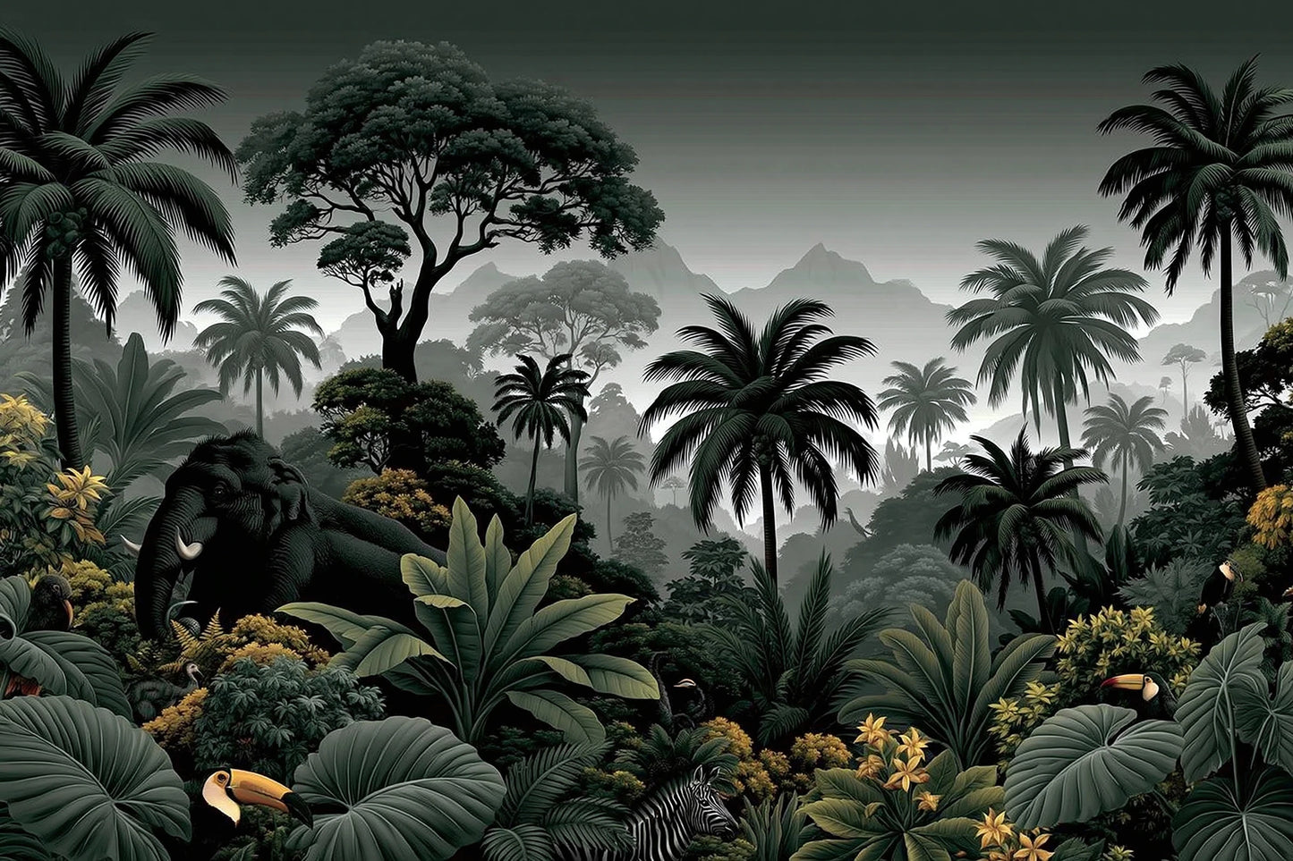 Tableau Jungle Noir et Blanc Animaux - jungle noir et blanc avec animaux et palmiers brumeux - format S