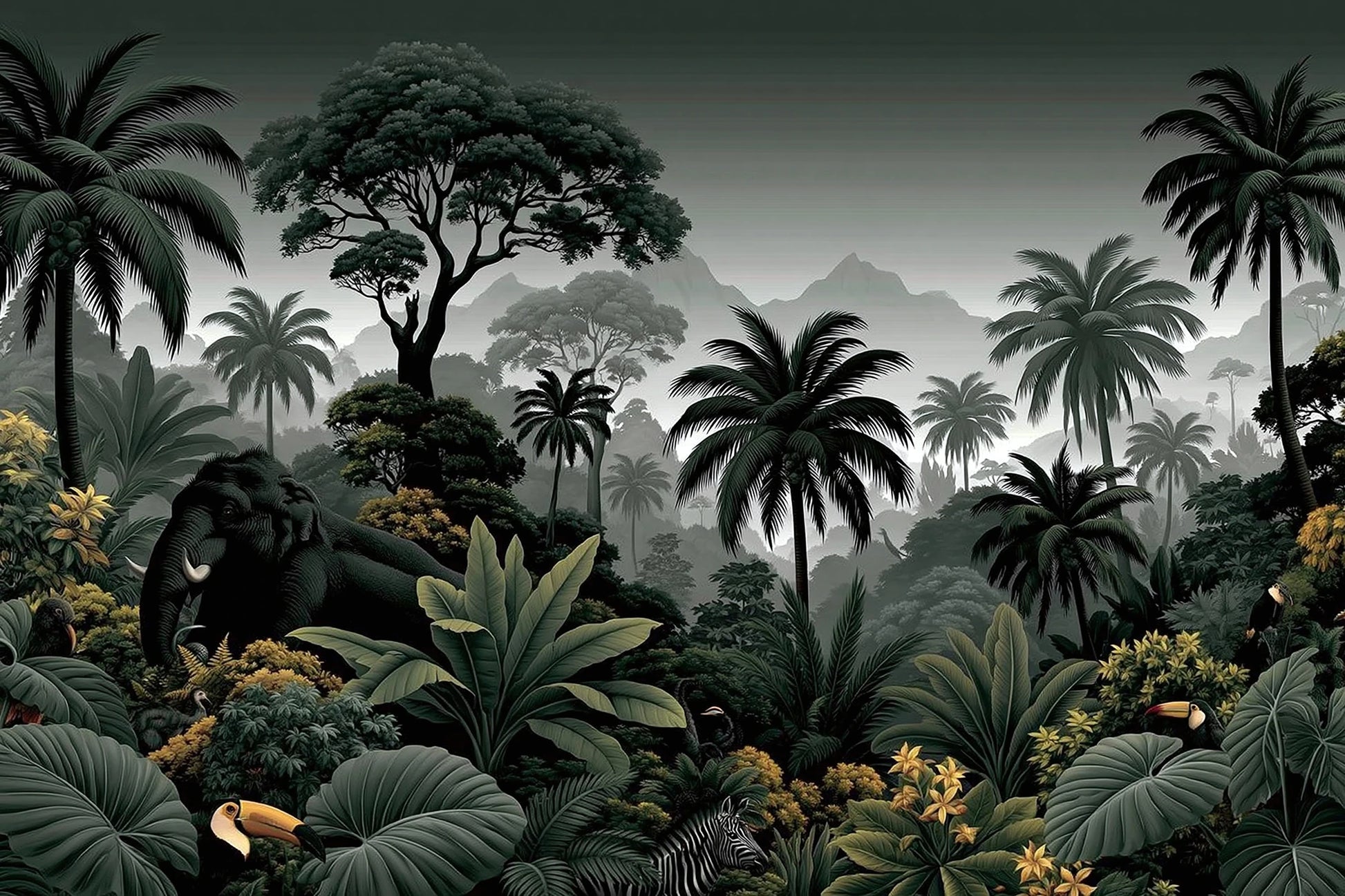 Tableau Jungle Noir et Blanc Animaux - jungle noir et blanc avec animaux et palmiers brumeux - format S