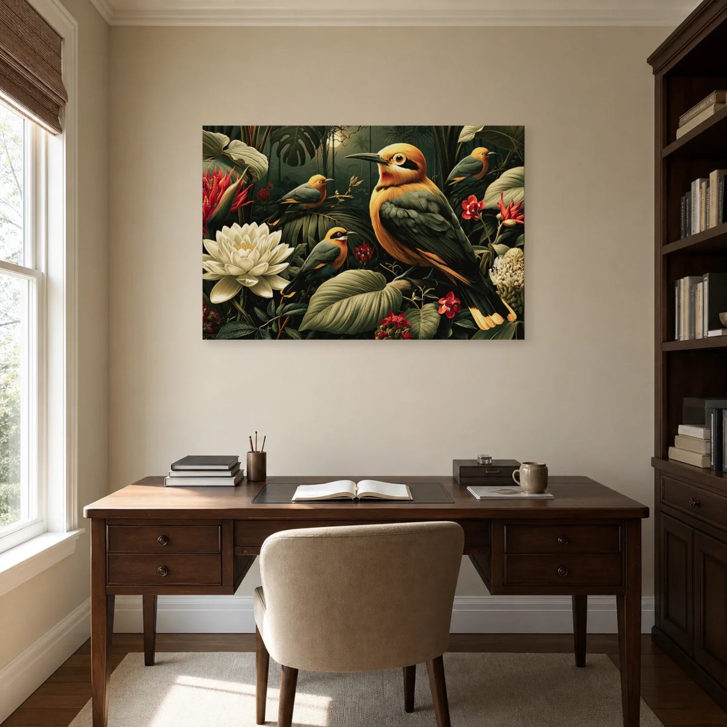 Tableau Jungle Oiseaux Exotiques Nuit dans un bureau elegant