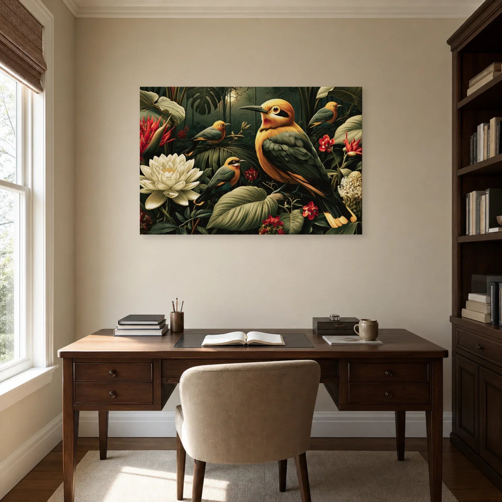 Tableau Jungle Oiseaux Exotiques Nuit dans un bureau elegant