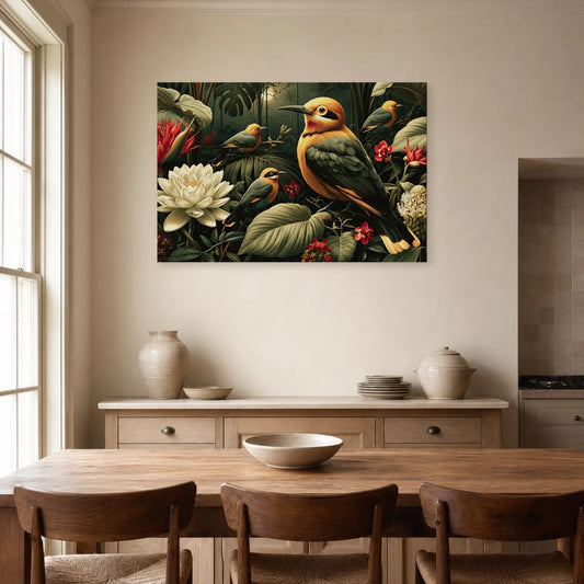 Tableau Jungle Oiseaux Exotiques Nuit dans une salle a manger lumineuse