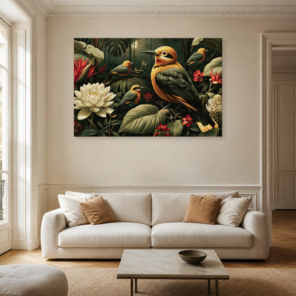 Tableau Jungle Oiseaux Exotiques Nuit dans un salon contemporain