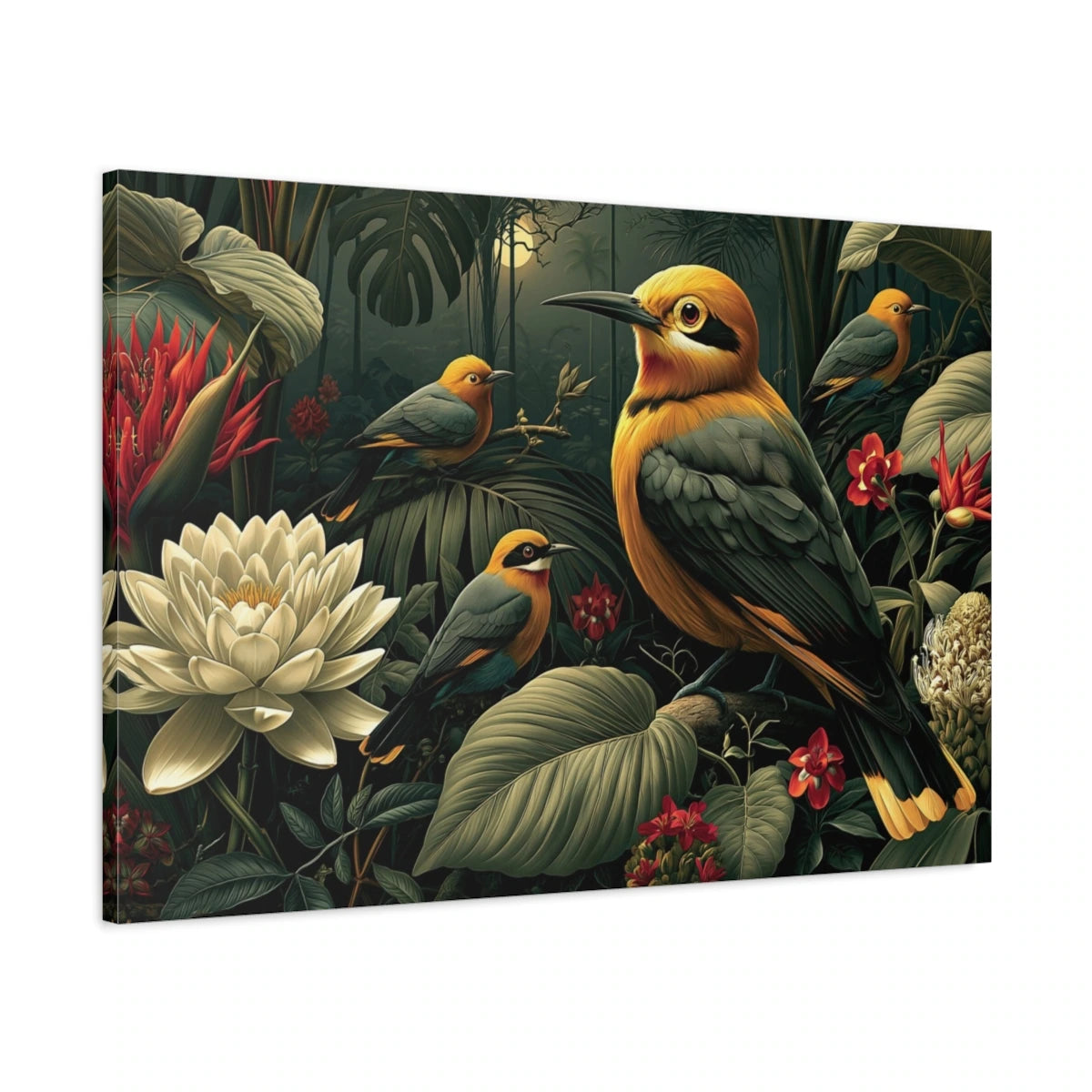 Tableau Jungle Oiseaux Exotiques Nuit - toile 3D avec bords imprimes visibles