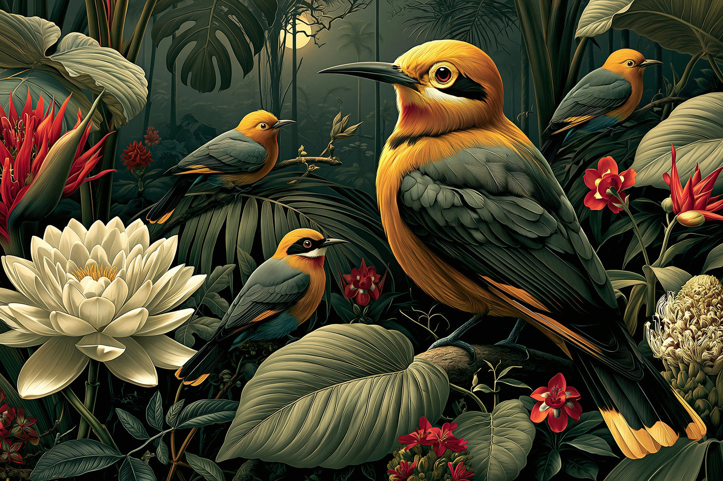 Tableau Jungle Oiseaux Exotiques Nuit - oiseaux exotiques dans une jungle nocturne fleurie - grand format XXL
