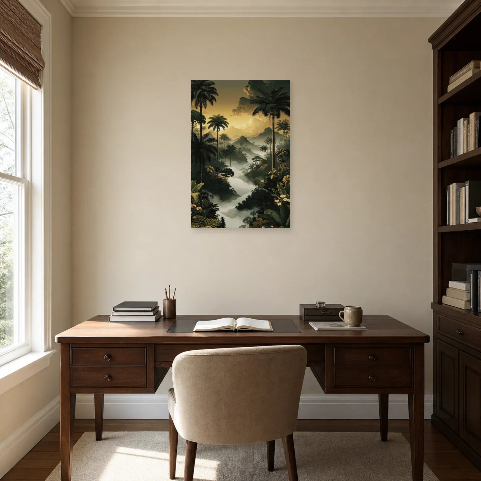 Tableau Jungle Palmiers Brume dans un bureau elegant