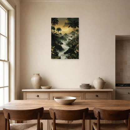 Tableau Jungle Palmiers Brume dans une salle a manger lumineuse