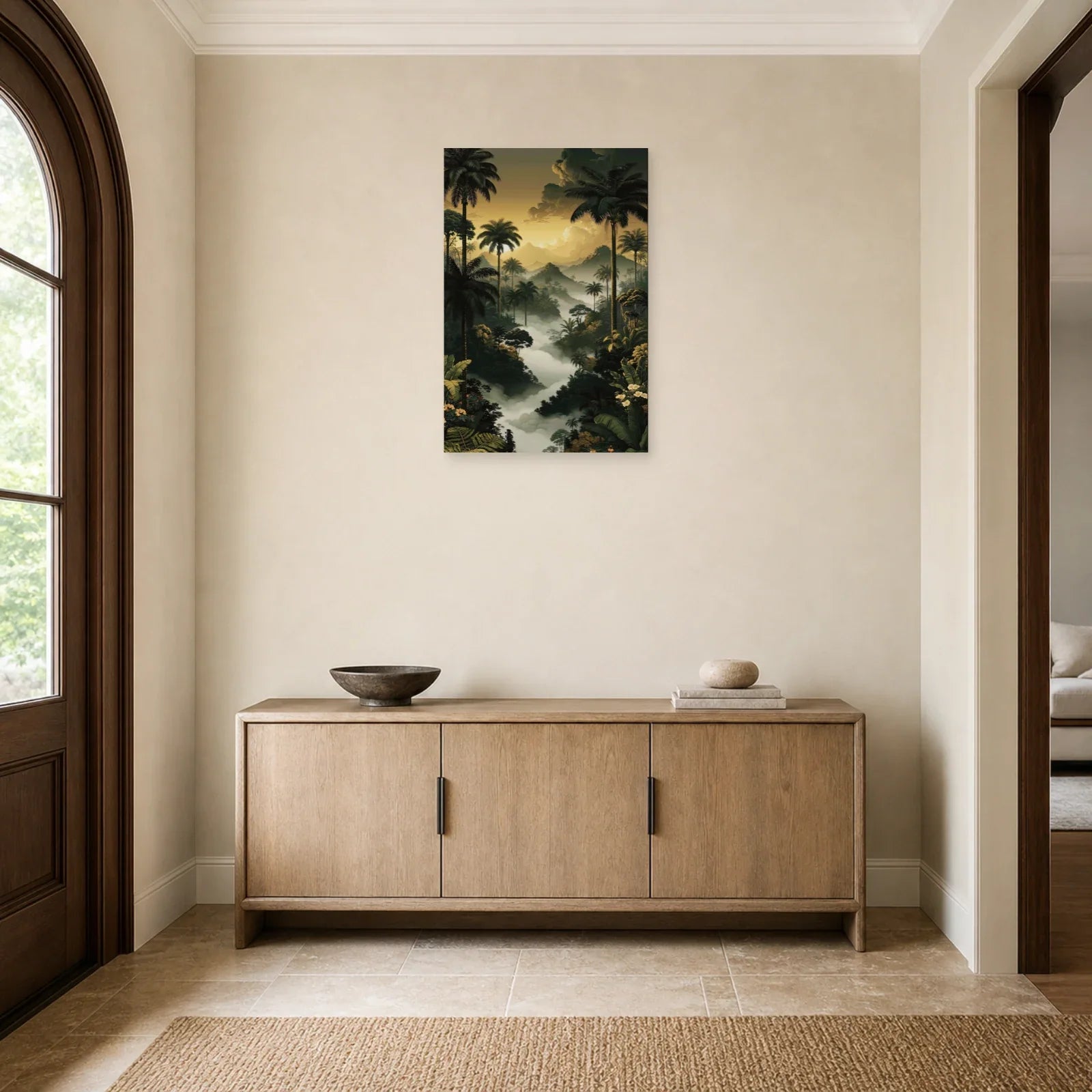 Tableau Jungle Palmiers Brume dans une entree ou un couloir decore